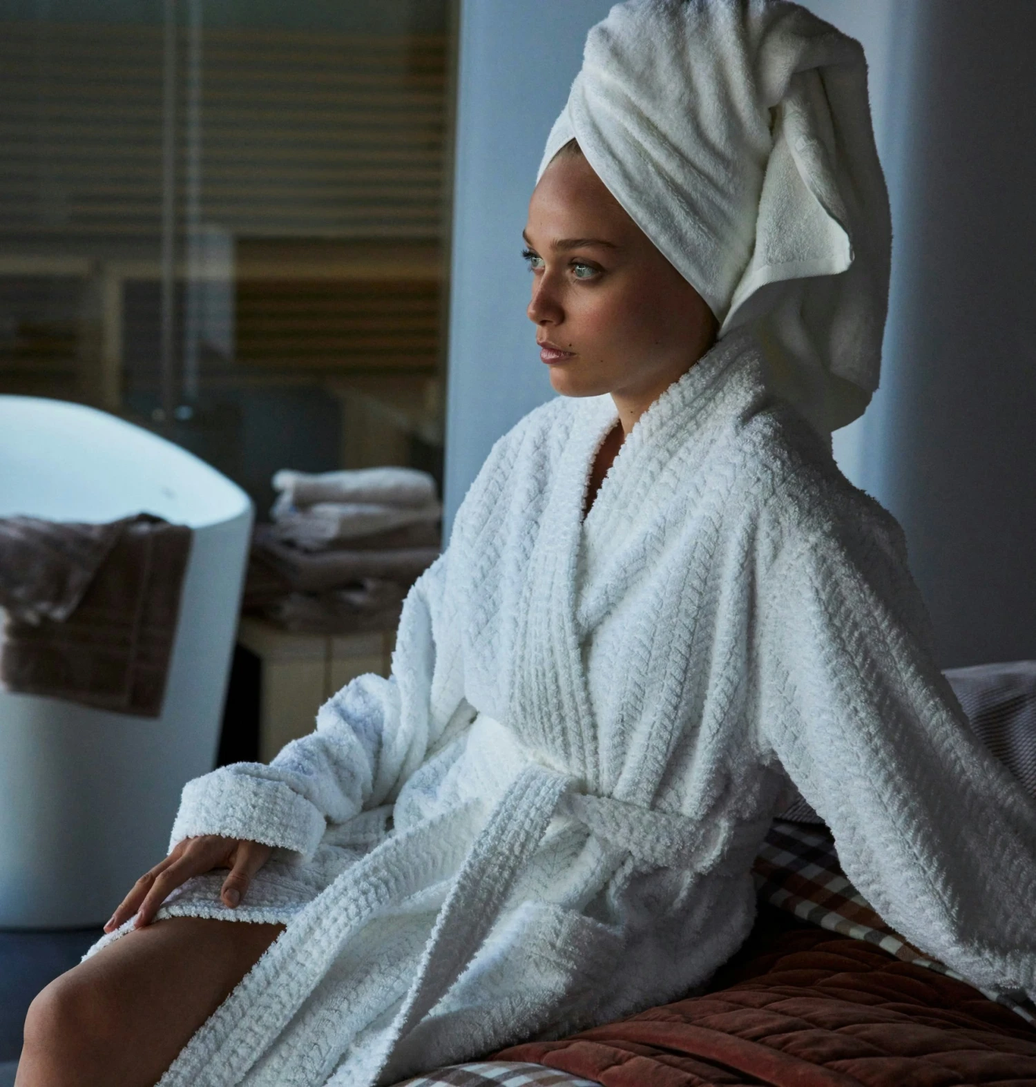 Lexington Unisex Cotton/Lyocell Structured Bademantel Weiß, S – Bild 2